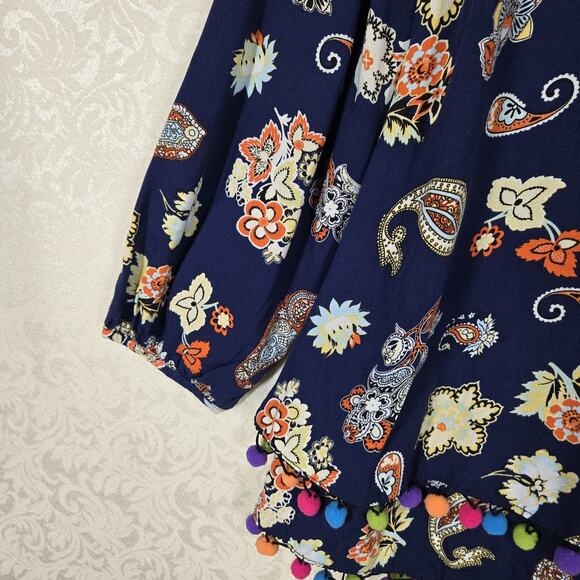 Entro Pom Pom Tunic Top sz L Blue Multicolor Paisley Floral Layered Boho Fairy - Picture 5 of 16